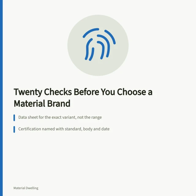 Checklist card for verifying sustainable material brands before purchase. A sustainable material brand checklist: twenty things to verify first