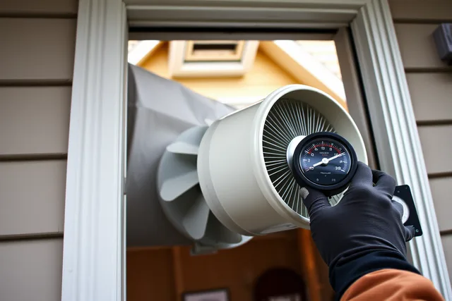 Blower door fan sealed in a doorway during a home air leakage test. Why do natural insulation timelines depend on tests you cannot skip?