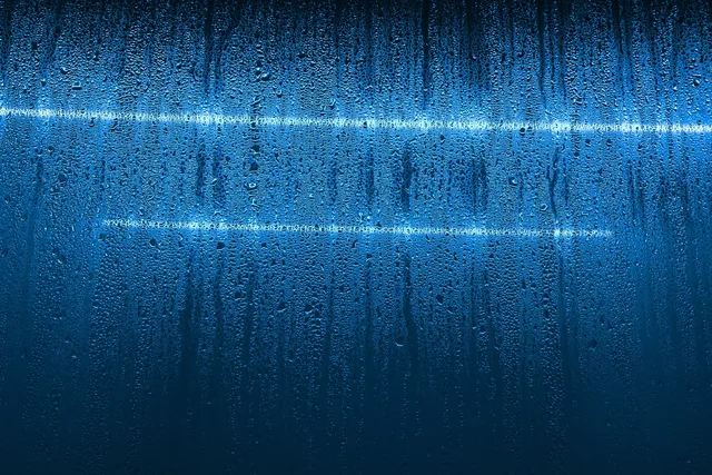 vapor, condensation, glass, window, drops, nature, water, fluid, wet, droplets, aqua, blue, dew, neon lights, moisture, moist. How Austin's hot-humid climate shapes insulation and low-VOC finishes