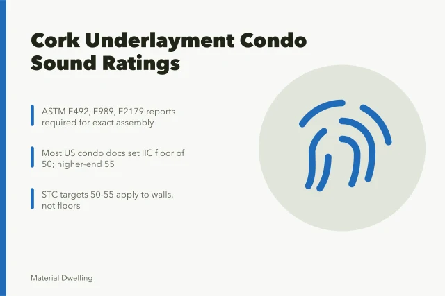 Card summarizing cork underlayment condo sound ratings and ASTM reports. What US condo boards accept for cork underlayment sound ratings