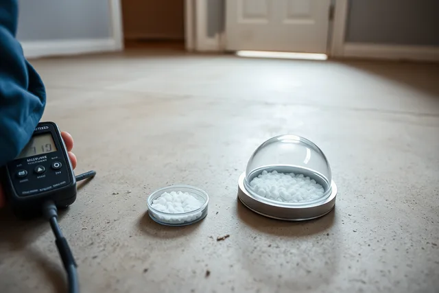 Moisture meter and test kit reading a bare concrete subfloor before flooring installation. Sustainable interiors projects: the five failures that keep repeating