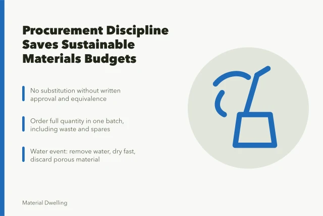 Procurement rules for substitutions, single-batch ordering, and water-event response. Procurement discipline is what saves most sustainable materials budgets