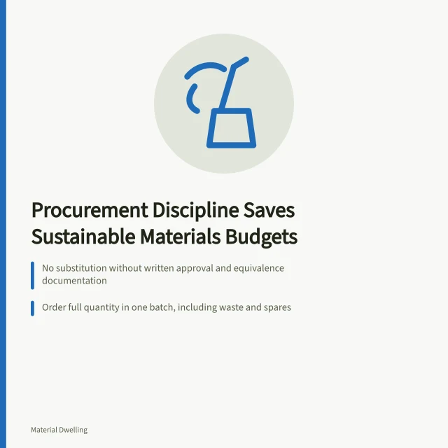 Procurement rules for substitutions, single-batch ordering, and water-event response. Procurement discipline is what saves most sustainable materials budgets