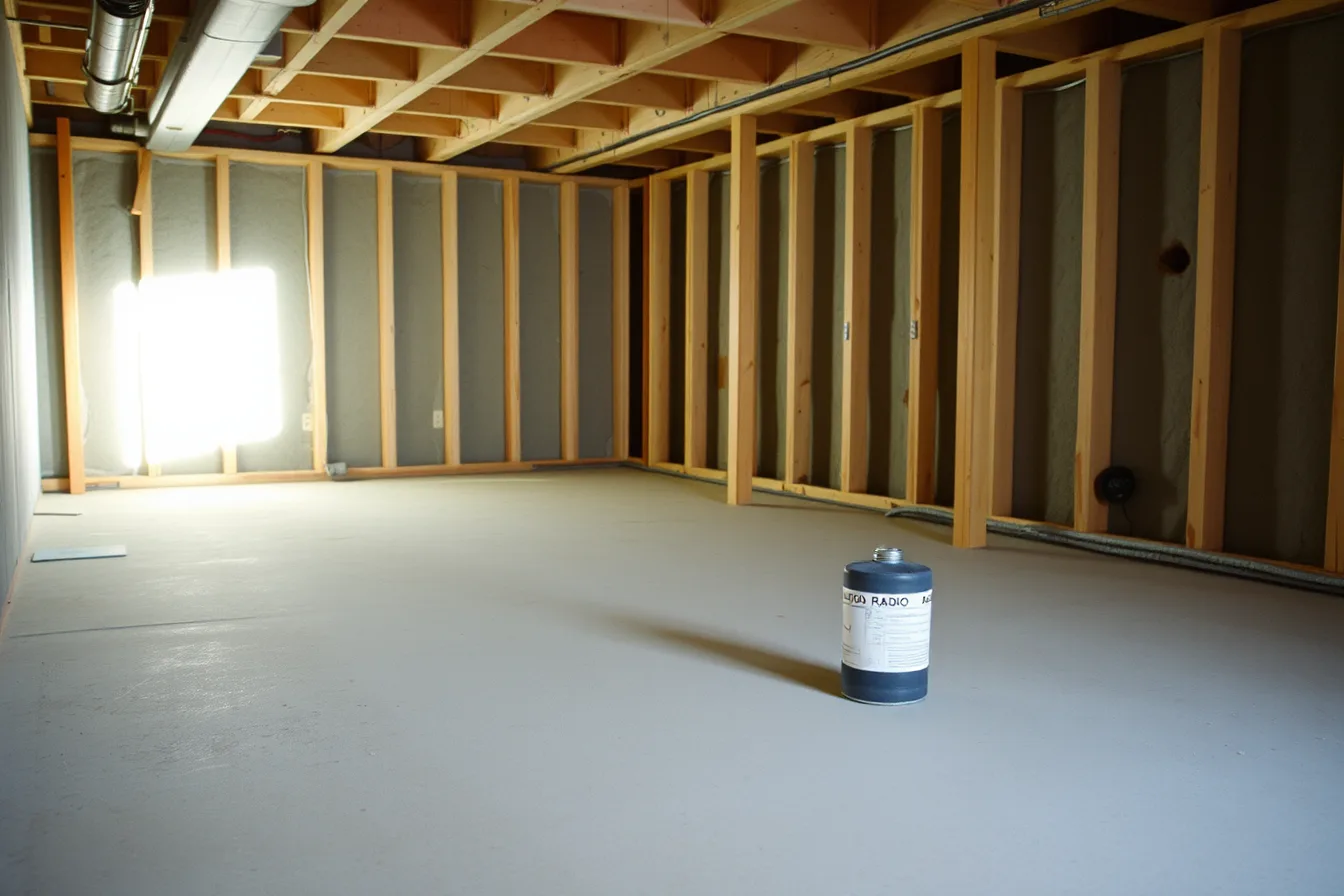 Radon test canister on bare basement slab before flooring installation. Which sustainable home renovation style is worth studying before you start?