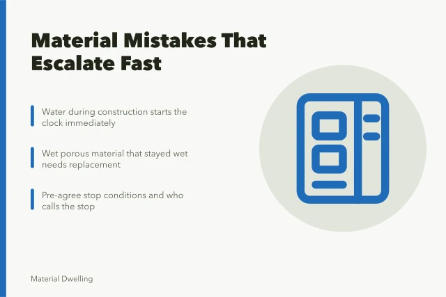 Card summarizing four homeowner material selection mistakes and their fixes. 4 lessons worth learning about homeowners material selection mistakes