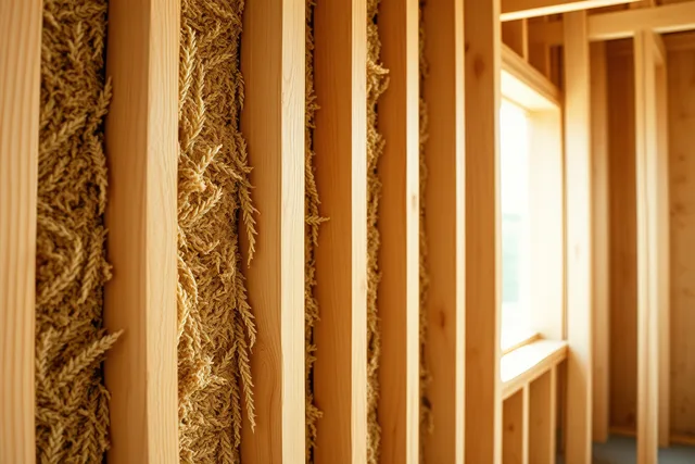 Hemp insulation batts fitted between wooden studs in a timber wall. A regional guide to natural insulation in hot-humid and cold-dry US climates