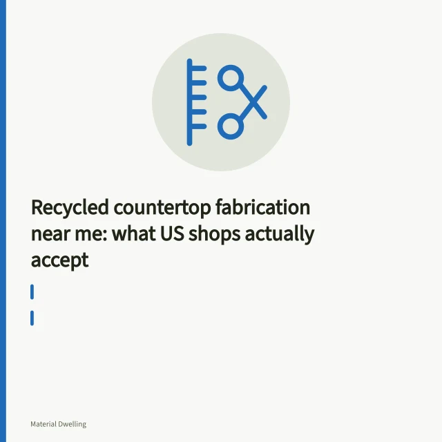 Wet saw cutting a recycled glass countertop slab in a fabrication shop. Recycled countertop fabrication near me: what US shops actually accept