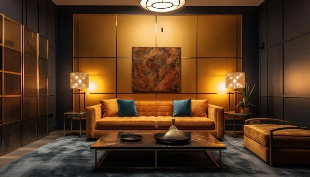 living room, luxury, sofa, lamps, wall art, carpet, modern interior, chair, decoration, blue carpet, table lamp, mustard sofa, lighting, comfort, dark blue, home decor, geometric patterns, aesthetics, interior design, design. Recycled interior surfaces ideas for small rooms