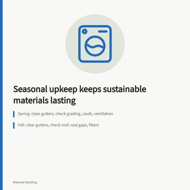 Seasonal home maintenance checklist for gutters, grading, caulk, and entry mats. Care and upkeep: a seasonal routine for sustainable home projects