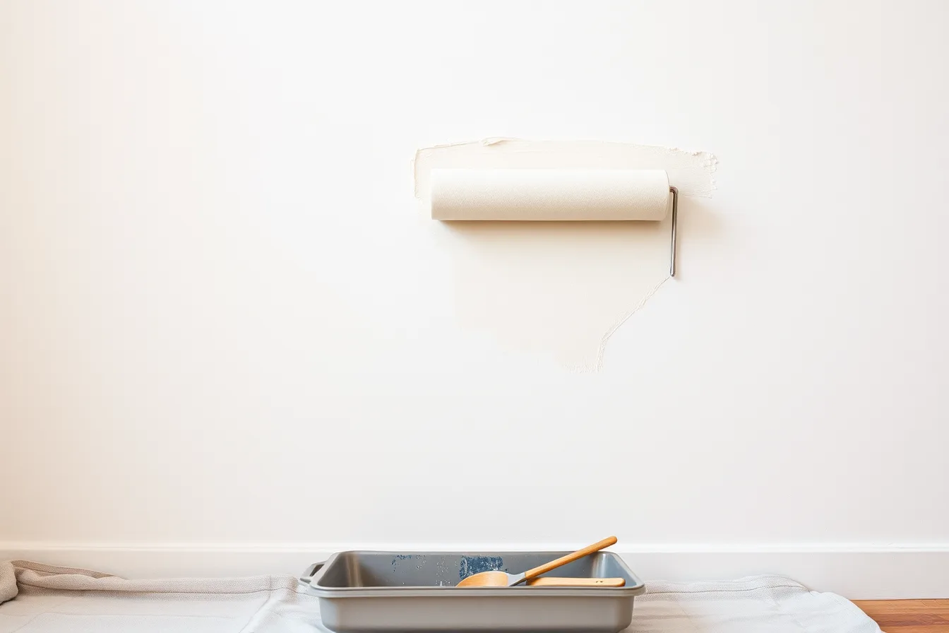 Paint roller applying low VOC wall paint in a wet stripe on plaster. Testing low VOC finishes: what survived contact with a real wall