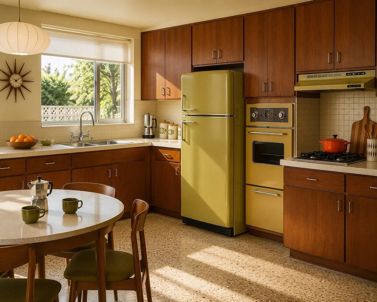 midcentury, retro kitchen, interior design, terrazzo floor, retro refrigerator, vintage interior, wood paneling, modernist architecture, retro home, avocado green, kitchen design, vintage kitchen, architectural photography, luxury home, clean design, dining table, bowl of oranges, metal funnel, pepper grinder, coffee grinder. What do homeowners wish they knew before choosing recycled interior surfaces?