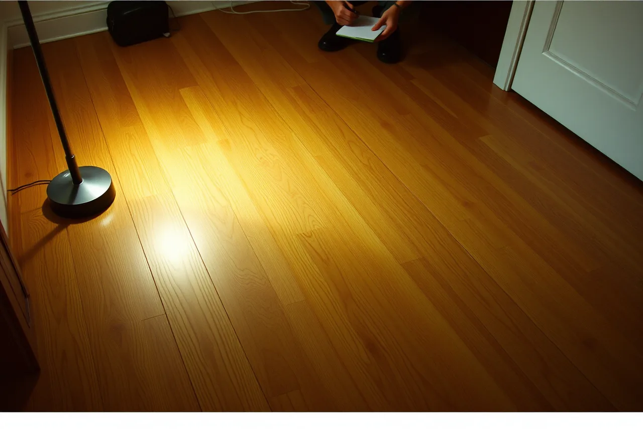 Low lamp raking across an oak floor revealing scratches and dull patches (Year one and beyond: a maintenance rhythm for sustainable interiors)