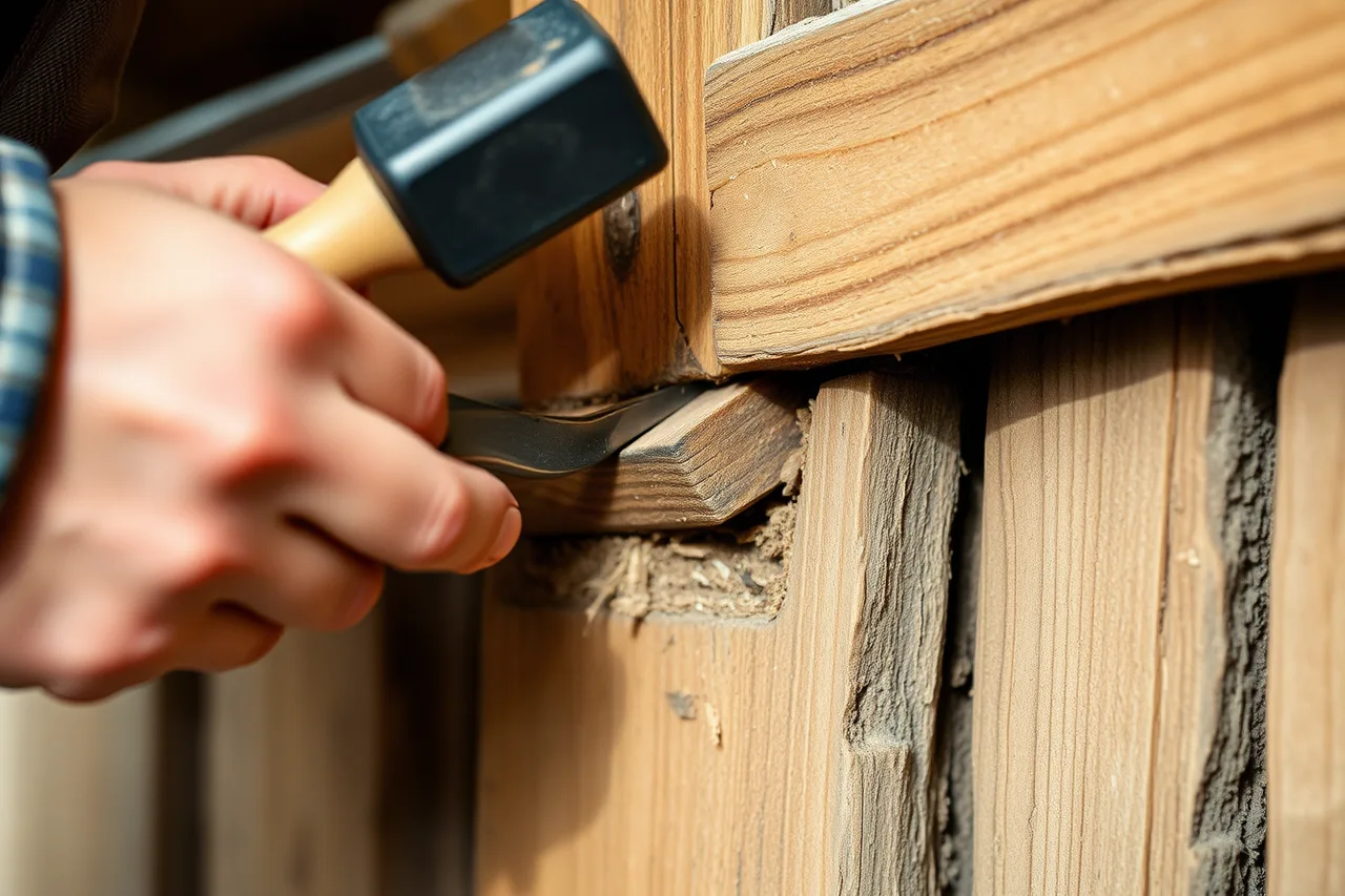 Carpenter chiseling a new timber patch into a rotten wooden sill (Sequencing and scope: five lessons from sustainable home projects)
