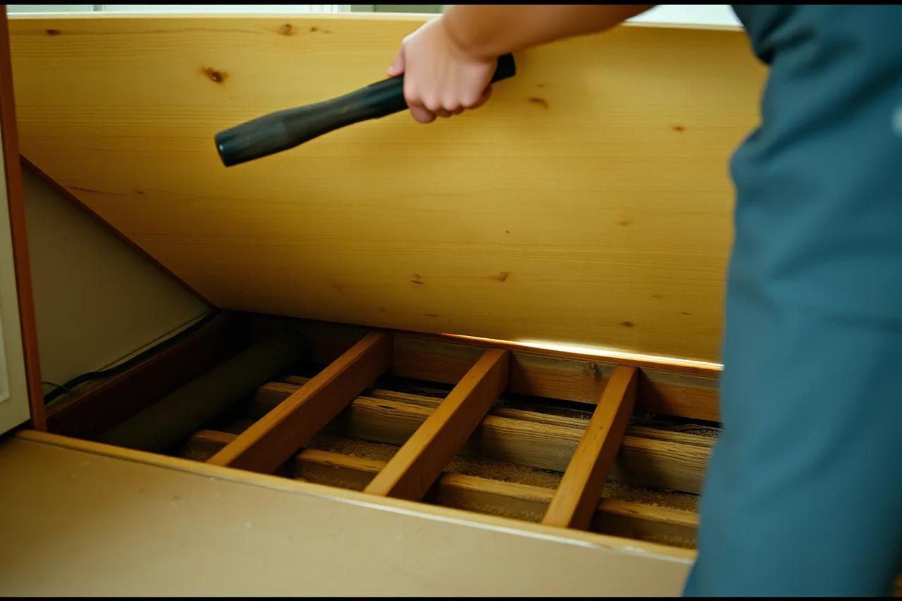 Person lifting a floorboard to inspect the subfloor and joists (Sequencing and scope: five lessons from sustainable home projects)