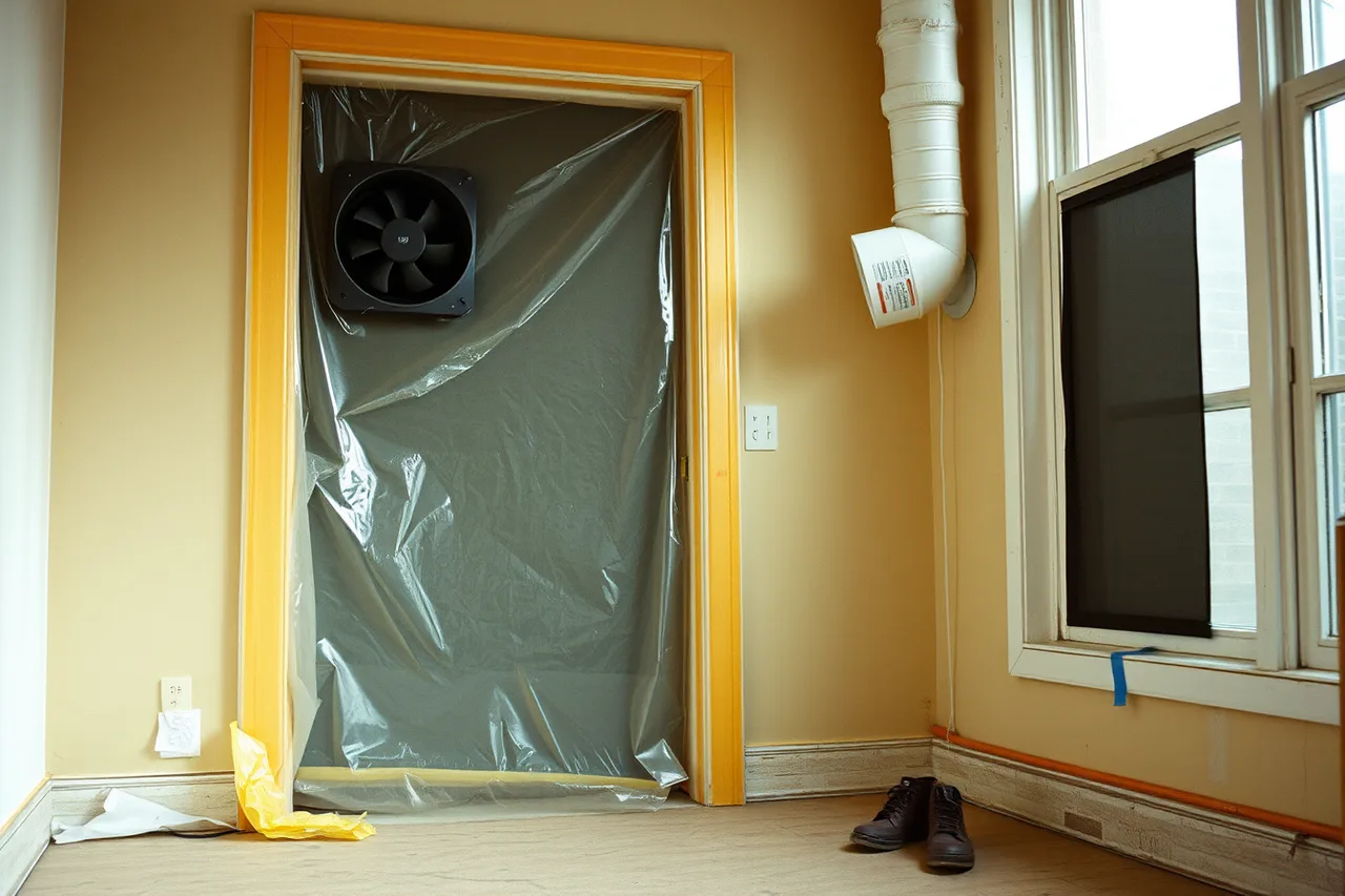 Sealed poly doorway with negative pressure fan and taped ducts (Sustainable interiors projects: the five failures that keep repeating)