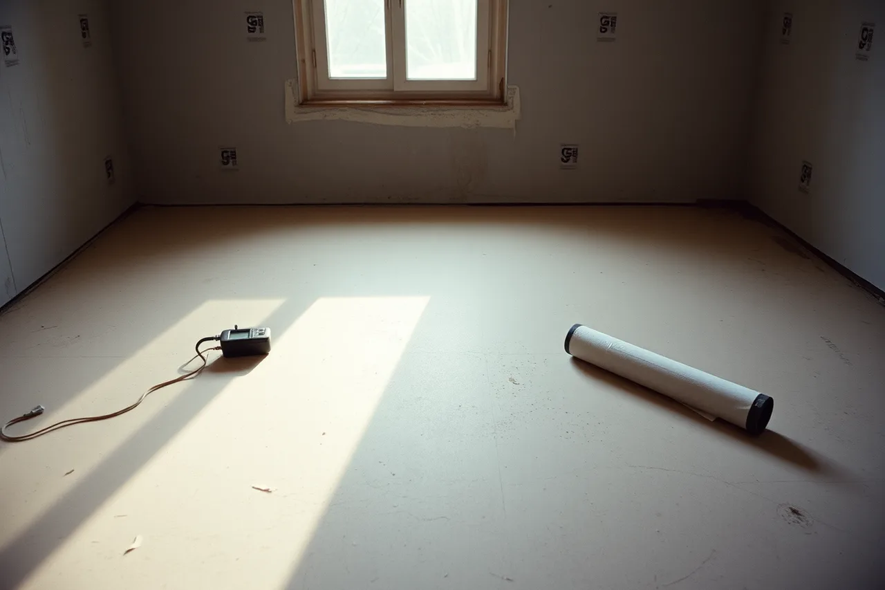 Moisture meter pressed against a concrete subfloor (Sustainable interiors projects: the five failures that keep repeating)