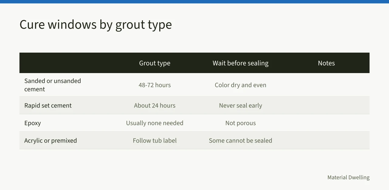 Table comparing grout types and their sealing wait times (Grout haze after sealing: how to avoid a US kitchen redo)