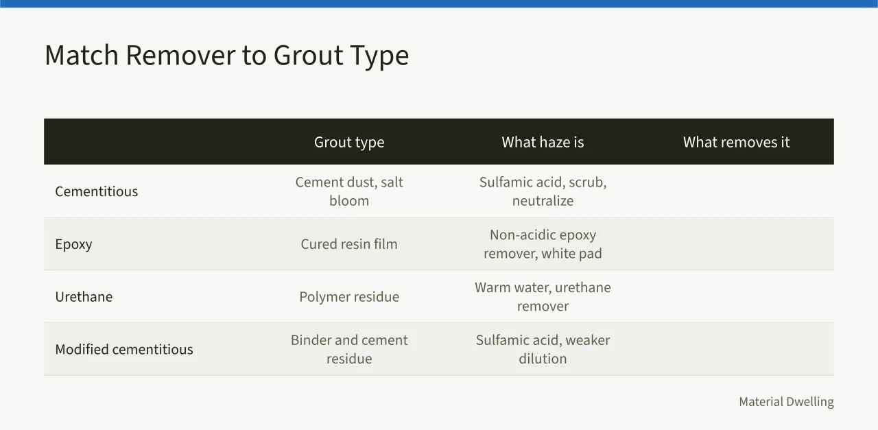 Comparison table matching grout types to haze removal methods (Grout haze after sealing: why it returns and how to fix it for good)