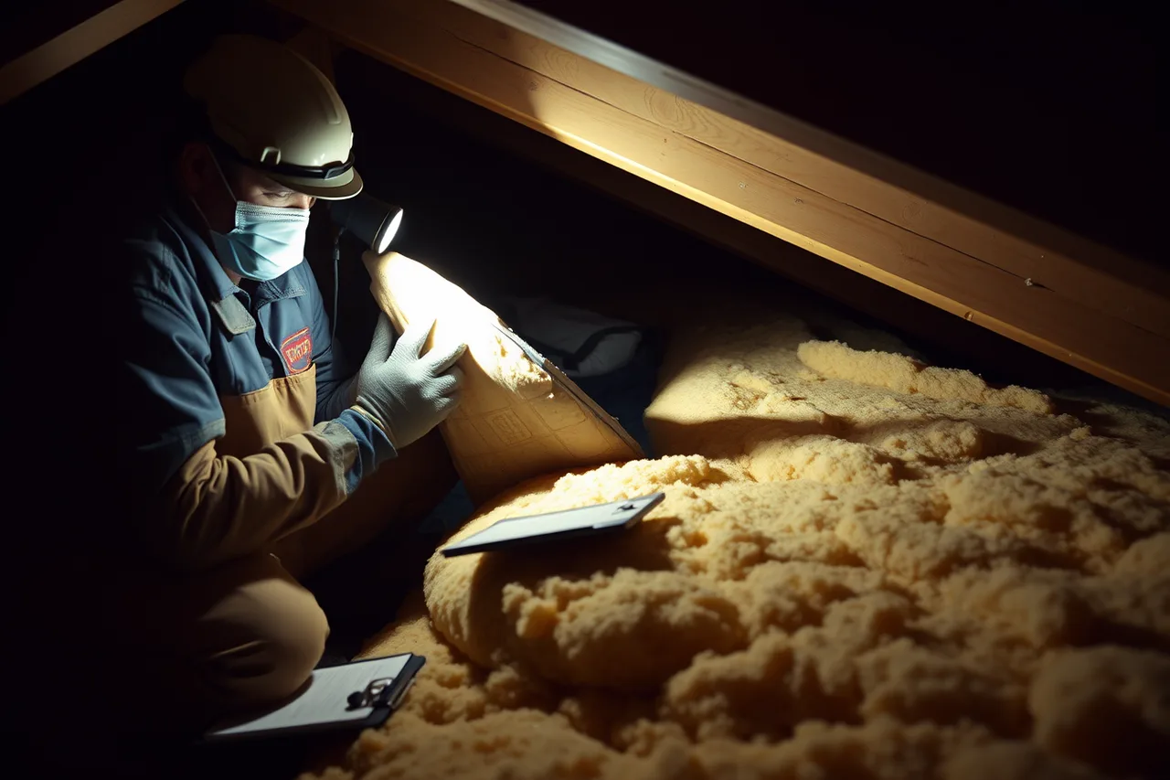 Contractor in attic lifting insulation to check depth and moisture (Vet a natural insulation contractor on diagnostics, not just price)