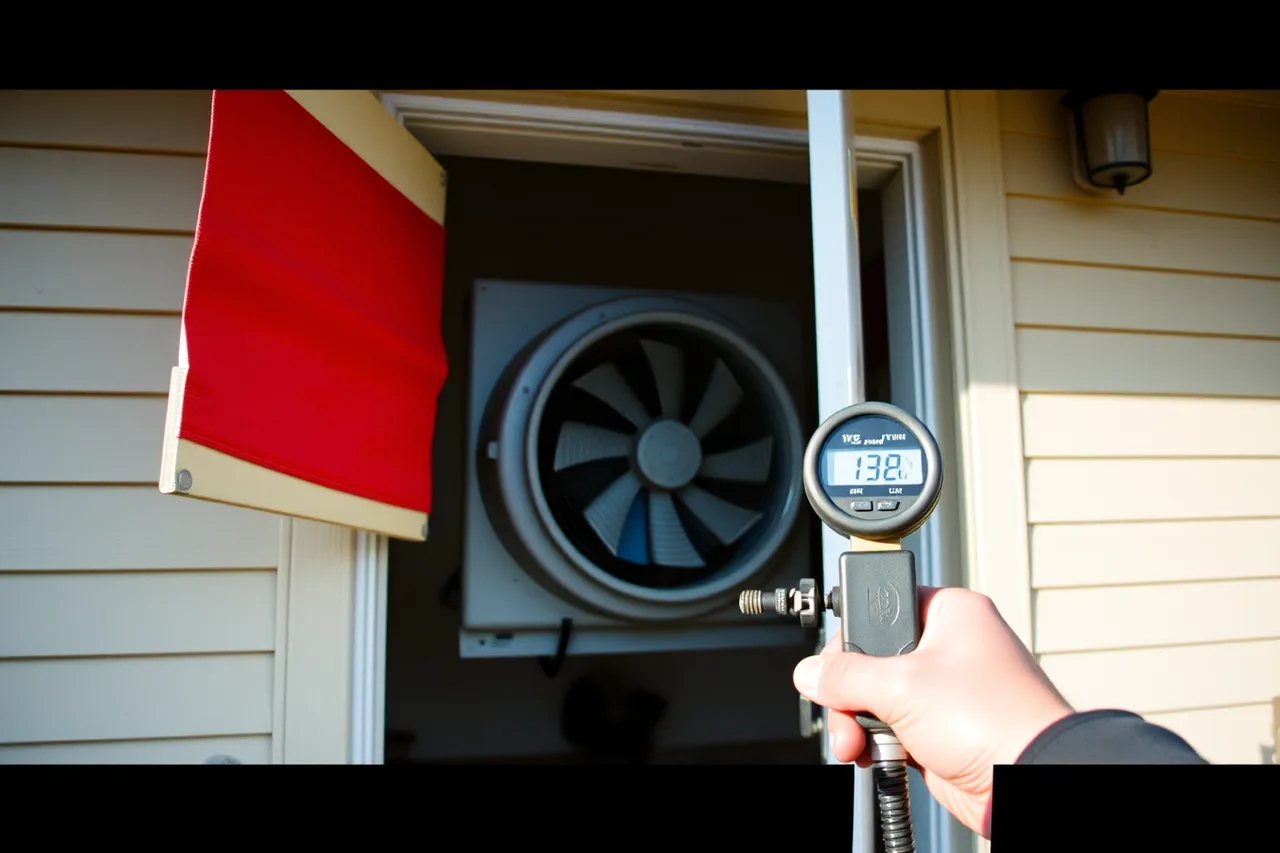Blower door fan sealed in doorway with technician reading gauge (Vet a natural insulation contractor on diagnostics, not just price)