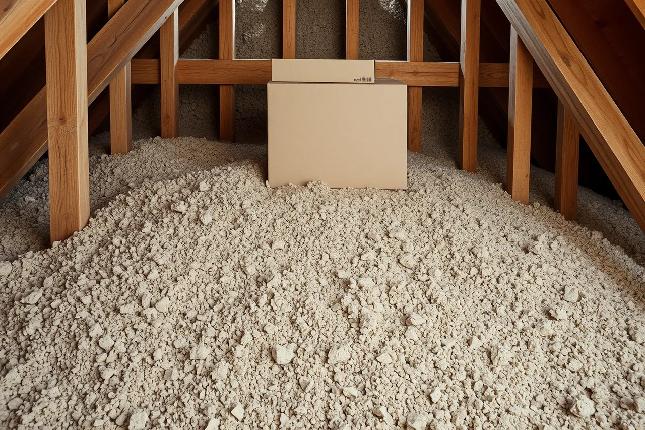 Pebbly vermiculite loose-fill insulation between old attic joists, undisturbed (5 things about inside natural insulation worth your time)