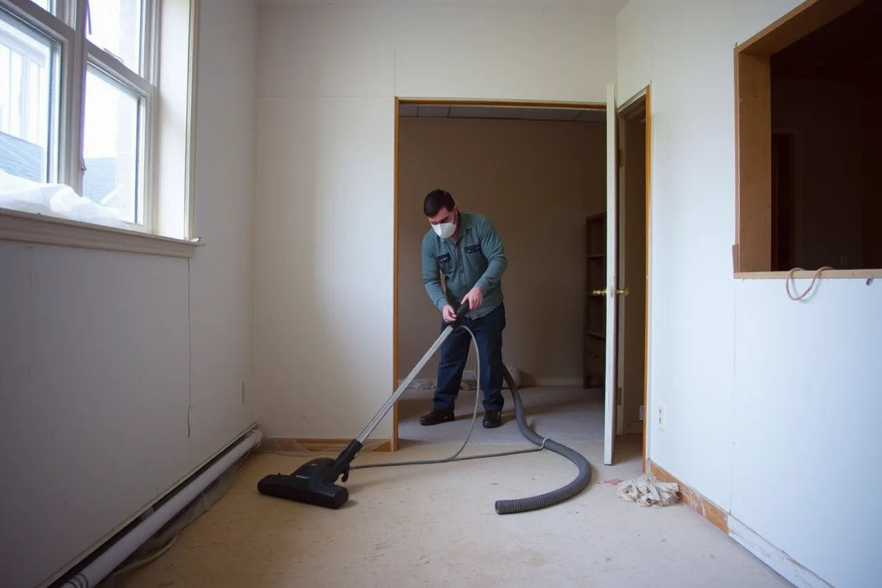 Worker using a HEPA vacuum to clean dust inside a sealed work area (Questions to ask before hiring help with recycled interior surfaces)