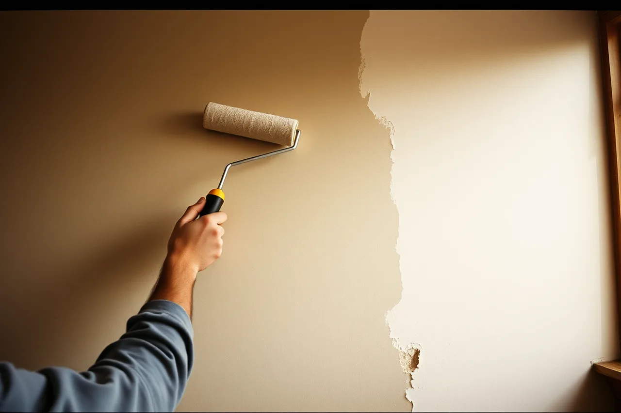 Painter rolling a whole wall panel corner to corner for touch-up (What do homeowners regret most about their low VOC finishes choices?)