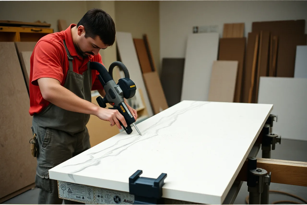 Fabricator wet-cutting a silica-containing stone slab with a shrouded saw (What do homeowners wish they knew before choosing recycled interior surfaces?)